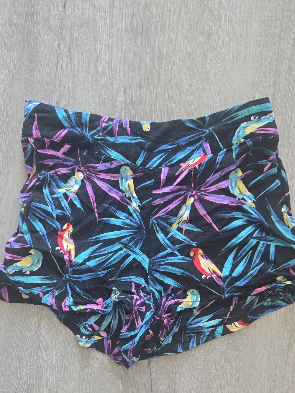 Dex Tropical Parrot Print Shorts - Black with Blue, Purple, Pink, Yellow